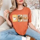 Thanksgiving Trio DTF Transfer | Gravy, Turkey & Pie Panel Design, three festive panels featuring a gravy boat, Thanksgiving turkey, and pie on a rust-orange T-shirt