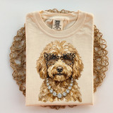 Goldendoodle dog DTF transfer wearing leopard print glasses and a jeweled chain necklace, hand-painted portrait style