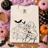 Casper-style ghost nose-booping a horned monster character with Boop script and bats, outline Halloween DTF transfer on cream shirt