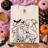 Casper-style ghost nose-booping a cartoon cowboy character with Boop script, bats and parachuting figures, outline Halloween DTF transfer on cream shirt