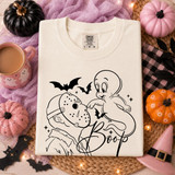 Casper-style ghost nose-booping a hockey-mask-wearing slasher character with Boop script and bats, outline Halloween DTF transfer on cream shirt