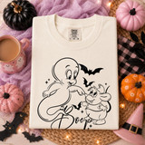 Casper-style ghost nose-booping a small cartoon mouse character with Boop script and bats, outline Halloween DTF transfer on cream shirt