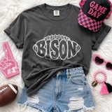 Bison football outline DTF transfer in white hand-drawn lettering shaped like a football on a dark shirt
