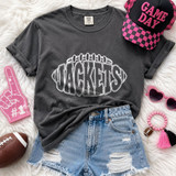 Jackets mascot DTF transfer with white football outline lettering design on a dark gray shirt for school spirit and game day apparel