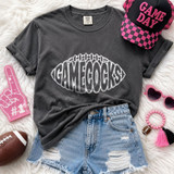 Gamecocks football DTF transfer with football-shaped outline lettering in white and black on a dark shirt
