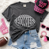 Hokies mascot DTF transfer with football outline design in white lettering on a dark t-shirt, school spirit game day style