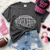Hornets mascot DTF transfer with football outline design in white lettering, shown on a heather charcoal t-shirt for school spirit and game day apparel
