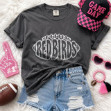 Redbirds football mascot DTF transfer with distressed lettering inside a football graphic design for game day shirts