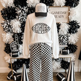 Eagles mascot DTF transfer with retro football-shaped lettering in black and white game day style
