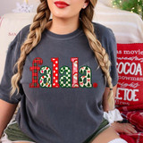 Falala Christmas DTF Transfer | Faux Embroidery Holiday Lettering Design, festive red and green patchwork “falala” lettering with Santa, trees, plaid, and polka-dot details displayed on a charcoal gray T-shirt.