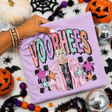 Voorhees Halloween DTF transfer with hockey mask slasher character in pastel patterned lettering and stars
