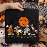 Halloween DTF transfer featuring cartoon mouse, dog, duck, and mouse characters in costumes trick-or-treating under a full orange moon with bats and fallen leaves