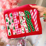 MERRY faux-embroidered patchwork DTF transfer with pink gingham, Christmas trees, Santa faces, green polka dots, and candy cane stripe lettering