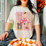 Fall Mama DTF transfer with patterned block letters featuring plaid, leopard, pumpkin print, pilgrim hat, pink bow, and turkey graphic