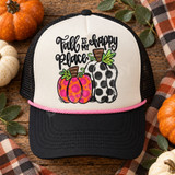Fall Is My Happy Place DTF transfer with leopard print and polka dot pumpkins in hand-lettered script design Shown on a ivory front panel, black bill, black mesh back, pink rope trucker hat.