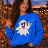 Rock On Ghost DTF transfer with colorful outline, pink tongue, and rock-on hand sign for Halloween shirts Shown on a Neon Blue crewneck sweatshirt.