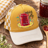 Ready for the Jelly DTF Transfer | Painterly Mason Jar Canning Design, colorful painterly red jelly jar with yellow accents and “ready for the jelly” lettering displayed on a mustard and cream trucker hat