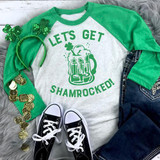 Let's get Shamrocked Screen Print Transfer, St. Patrick's Day themed green and white long sleeve shirt with shamrock design and drink illustration.