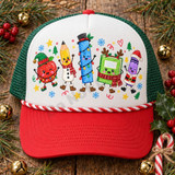 Christmas School Supplies DTF Transfer | Festive Crayon-Style Holiday Design, cheerful crayon-style Christmas characters including a pencil, ruler, notebook, and apple displayed on a red and white trucker hat.