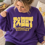 Fight Childhood Cancer Awareness DTF Transfer | Gold Ribbon Polka-Dot Design, gold polka-dot lettering and yellow awareness ribbons displayed on a purple sweatshirt, modeled by a woman.
