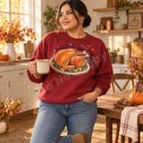 Gobble Til You Wobble Turkey DTF Transfer | Thanksgiving Design, colorful roasted turkey and festive “Gobble Til You Wobble” lettering printed on a red sweatshirt worn by a woman in a cozy Thanksgiving kitchen.