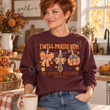I Will Praise Him In Every Season Psalm 146:2 DTF transfer with a clothesline of a gingham bow, leopard-print cross, and polka-dot pumpkin with buffalo plaid bow in a fall color palette Shown on a Heather Dark Maroon crewneck sweatshirt.