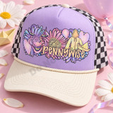 Pennywise Pastel Floral DTF Transfer | Creepy Cute Horror Halloween Design, pastel floral Pennywise horror artwork displayed on a lavender trucker cap with a cream brim and black-and-white checkered sides.
