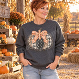 Faith Patchwork Pumpkin DTF Transfer | Hand-Lettered Fall Faith Design, woman wearing a charcoal sweatshirt featuring a patchwork pumpkin with a gingham bow and cross accents at a fall pumpkin patch.