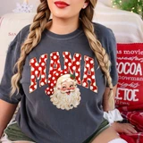 Mama Christmas DTF transfer with red polka dot arched letters and a vintage-style Santa Claus face