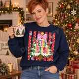 Merry Christmas Tree DTF Transfer | Whimsical Flocked Tree Holiday Design, colorful festive Christmas tree artwork with a pink bow and “Merry Christmas” lettering displayed on a navy sweatshirt