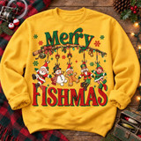 Merry Fishmas DTF Transfer | Funny Christmas Fishing Design, festive Christmas fishing artwork featuring Santa, a snowman, gingerbread man, and elves hanging from a fishing rod, displayed on a yellow sweatshirt