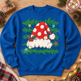 Distressed vintage-sketch red and white polka-dot Santa hat DTF transfer with fur trim, holly berries, pine branches, and colorful stars Shown on a Sapphire crewneck sweatshirt.