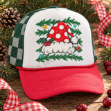 Distressed vintage-sketch red and white polka-dot Santa hat DTF transfer with fur trim, holly berries, pine branches, and colorful stars Shown on a Winter white front panel with forest green checkered mesh back and a red rope trucker hat.