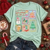 Merry Christmas Y'all DTF transfer with gingerbread house, snowman, Christmas tree, candy cane, gingerbread man, and presents in a pastel doodle-frame grid design Shown on a Seafoam t-shirt.