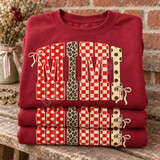 MIMI Bubble Letter DTF Transfer | Boutique Pattern Grandma Design, folded burgundy sweatshirts featuring oversized “MIMI” lettering in red polka dot, leopard print, and red-and-cream checker patterns with decorative bows