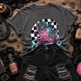 Pastel clawed dream slasher DTF transfer in fedora and striped sweater in front of a black and white checkered circle