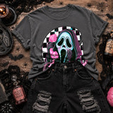 Pastel ghost face horror mask DTF transfer holding a phone in front of a black and white checkered circle