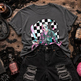 Pastel hockey mask slasher DTF transfer holding a machete in front of a black and white checkered circle