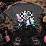 Pastel horror clown DTF transfer holding a cleaver in front of a black and white checkered circle