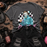 Pastel masked stalker DTF transfer holding a knife in a work jacket in front of a black and white checkered circle
