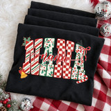NANA Christmas DTF transfer with candy cane stripe, holly, checkerboard, and leopard print letters, holly leaves, a red bow, gold jingle bell, candy cane, and red script 'nana' overlay Shown on a Black t-shirt.