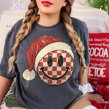 Checkered Smiley Santa Hat DTF Transfer | Retro Christmas Design
