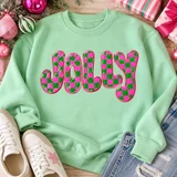 Pink and green checkerboard Jolly sequin Christmas patch on mint green sweatshirt