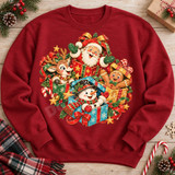 Vintage-style Christmas DTF transfer featuring Santa, a reindeer, a gingerbread man, and a snowman popping out of colorful wrapped gift boxes with holly, stars, and candy canes Shown on a Antique Cherry Red crewneck sweatshirt.