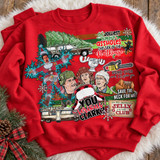 Funny Christmas Vacation movie collage DTF transfer with station wagon, family portrait, Cousin Eddie's RV, chainsaw, and holiday movie quotes Shown on a Red crewneck sweatshirt.