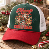 Merry Christmas DTF transfer with vintage-style Santa, reindeer, snowman, and gingerbread man peeking out of cracked bells, surrounded by candy canes, holly, and snowflakes Shown on a forest green front panel, red pre-curved bill, white mesh back trucker hat.