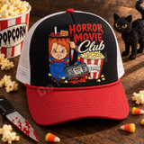 Horror Movie Club DTF transfer with killer doll slushie cup, Good Guys box, bloody knife, popcorn bucket, and bloody Horror Nightmares VHS tape Shown on a black front panel, red bill, white mesh, red rope trucker hat.