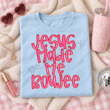 Jesus Made Me Boujee DTF transfer in chunky pink bubble lettering with red outlines and glossy white highlights on a light blue shirt Shown on a Ice Blue t-shirt.