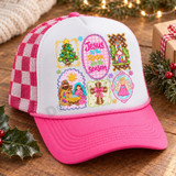 Jesus Is The Reason for the Season Christmas DTF transfer with nativity scene, Christmas tree, stained-glass church, cross, and angel panels in pastel sticker-sheet style Shown on a white foam front with blush pink rope and candy-cane checkered mesh back trucker hat.