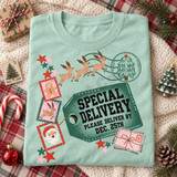 Special Delivery Christmas DTF transfer with jumping reindeer, postage stamp stickers of Santa and a gingerbread man, stars, and a tied envelope bundle around a tag reading Please Deliver By Dec. 25th Shown on a Chalky Mint t-shirt.